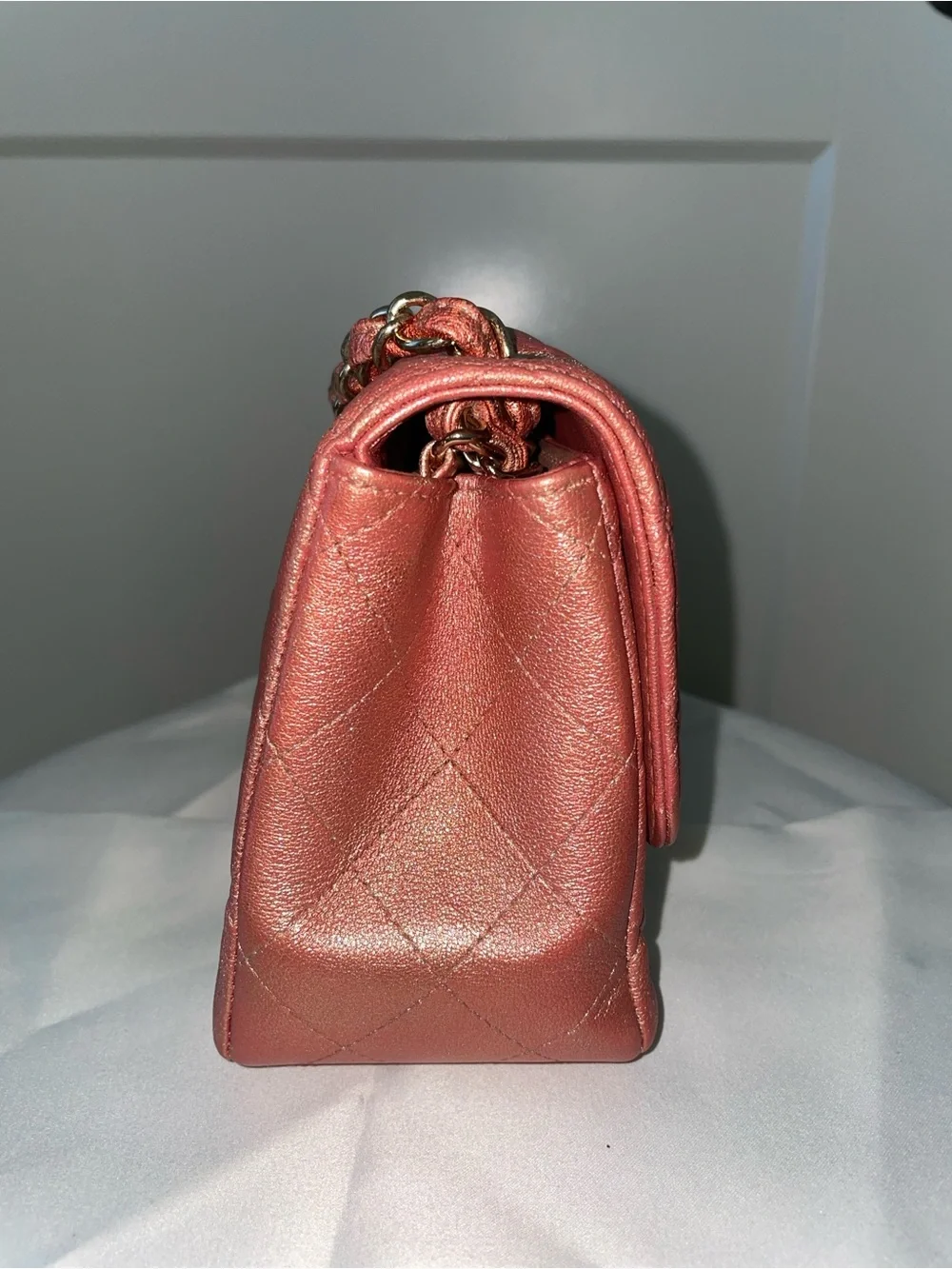 CHANEL Quilted Mini Flap Bag in Metallic Rose